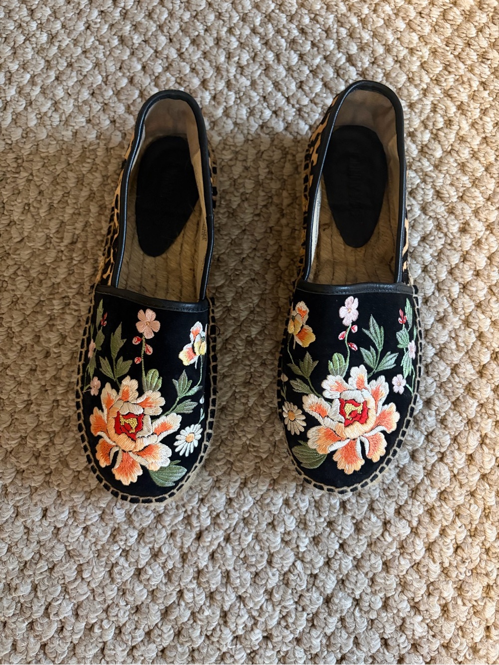 Black Floral Embroidered Slip-On Espadrilles - Women